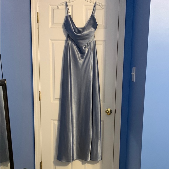 Birdy Grey XS Lisa Long Shiny Satin Dress in Dusty Blue - Picture 3 of 7
